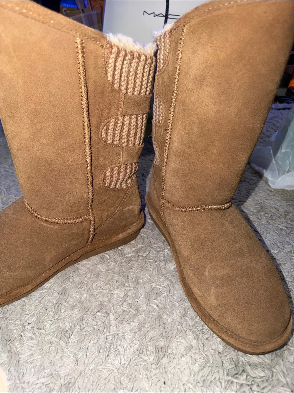 BearPaw Chestnut Suede Mid-Calf Winter Boots with Knit Accents